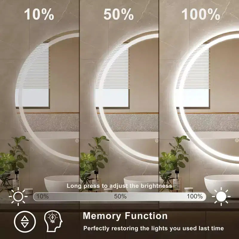 Miroir de salle de bain rond sans cadre à LED, anti-buée, intensité variable, incassable