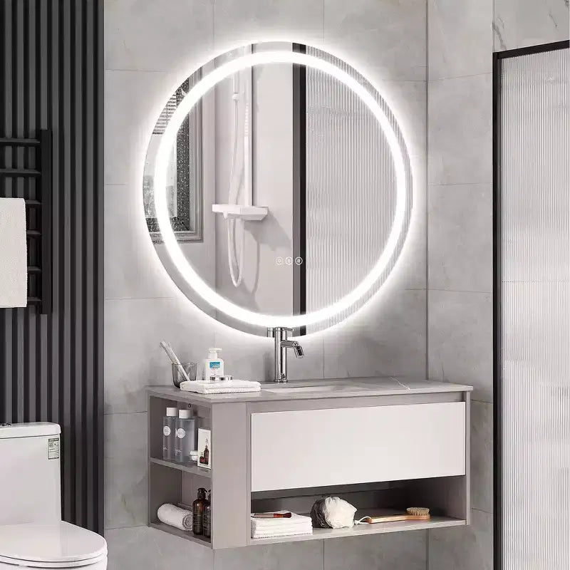 Miroir de salle de bain rond sans cadre à LED, anti-buée, intensité variable, incassable