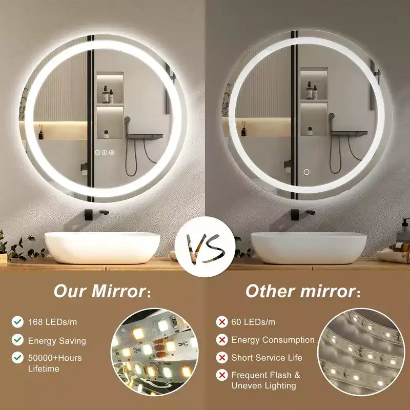 Miroir de salle de bain rond sans cadre à LED, anti-buée, intensité variable, incassable