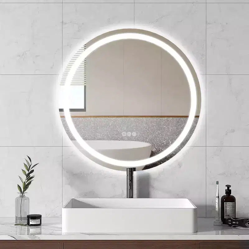 Miroir de salle de bain rond sans cadre à LED, anti-buée, intensité variable, incassable