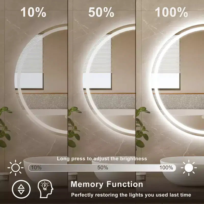 Miroir de salle de bain rond sans cadre à LED, anti-buée, intensité variable, incassable
