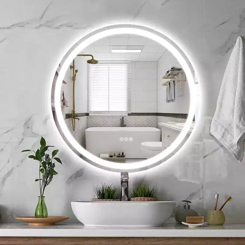 Miroir de salle de bain rond sans cadre à LED, anti-buée, intensité variable, incassable