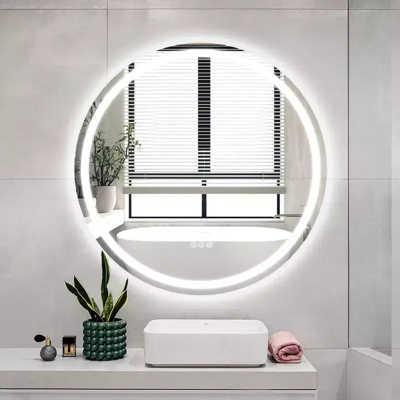 Miroir de salle de bain rond sans cadre à LED, anti-buée, intensité variable, incassable