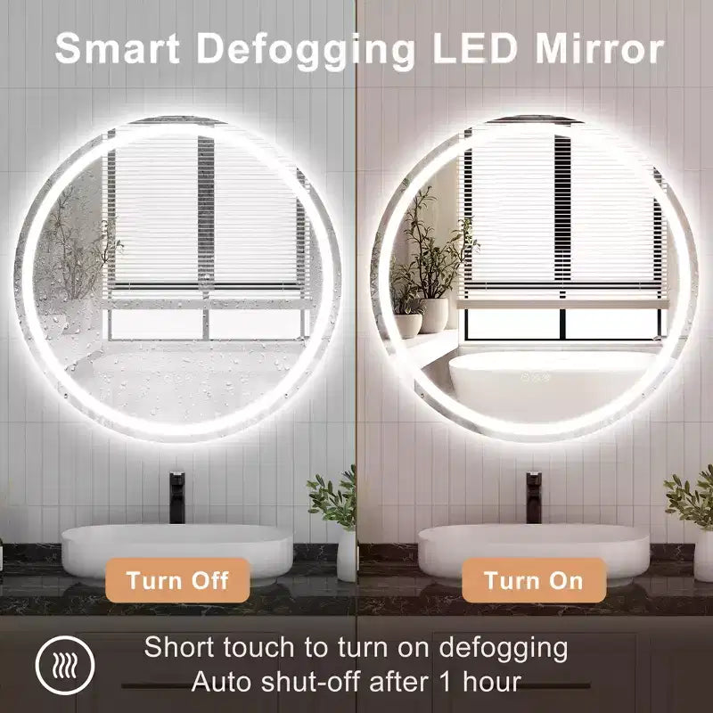 Miroir de salle de bain rond sans cadre à LED, anti-buée, intensité variable, incassable
