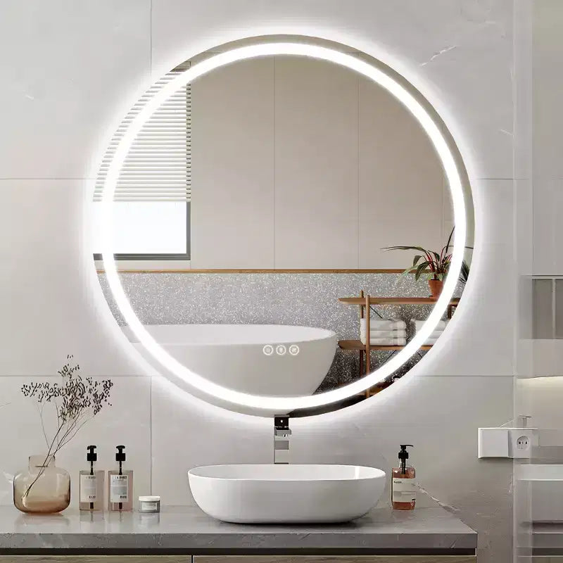 Miroir de salle de bain rond sans cadre à LED, anti-buée, intensité variable, incassable
