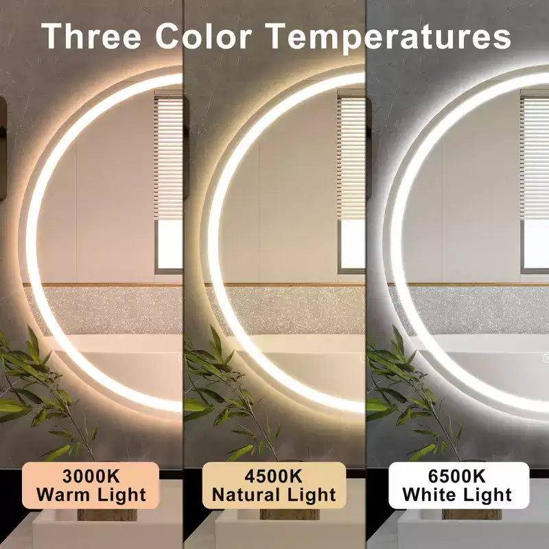 Miroir de salle de bain rond sans cadre à LED, anti-buée, intensité variable, incassable