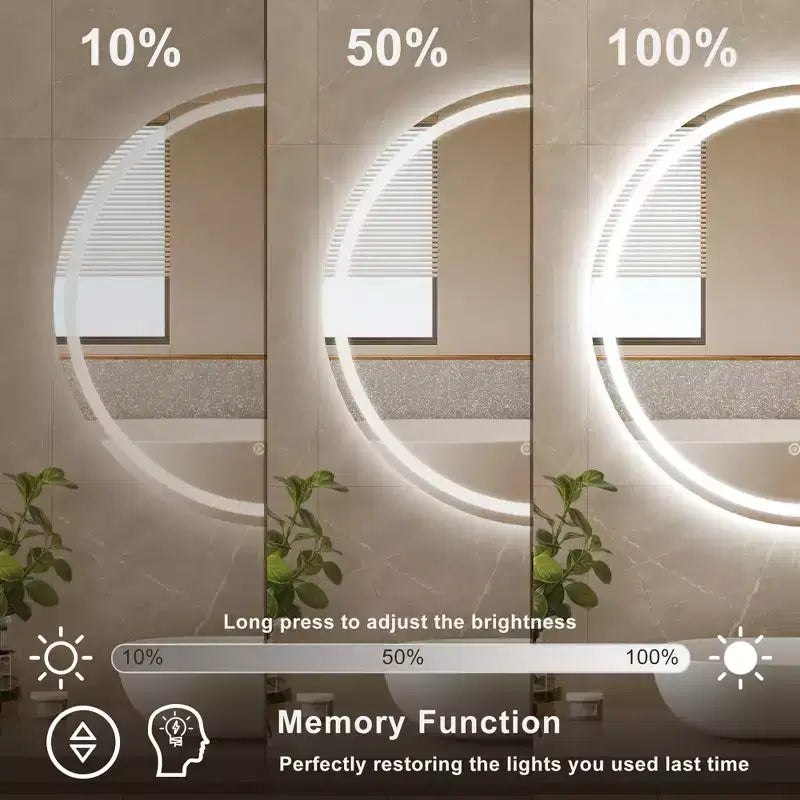 Miroir de salle de bain rond sans cadre à LED, anti-buée, intensité variable, incassable