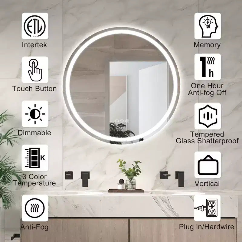 Miroir de salle de bain rond sans cadre à LED, anti-buée, intensité variable, incassable