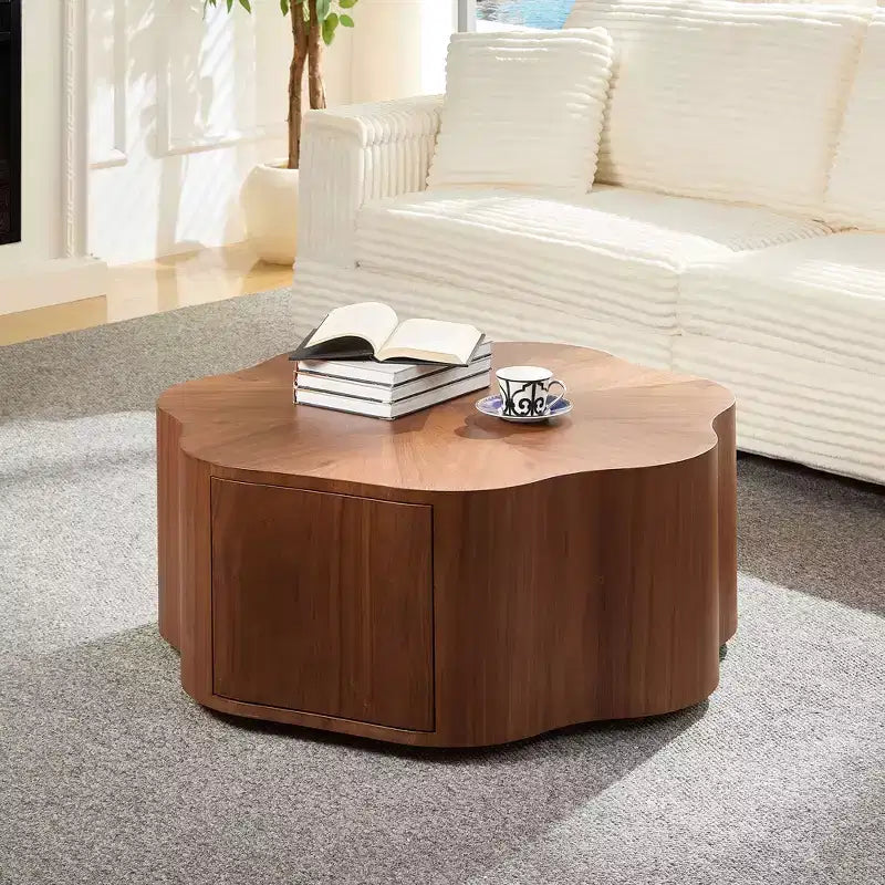Table basse rustique ronde avec tiroir caché – Forme pétale, 90 cm