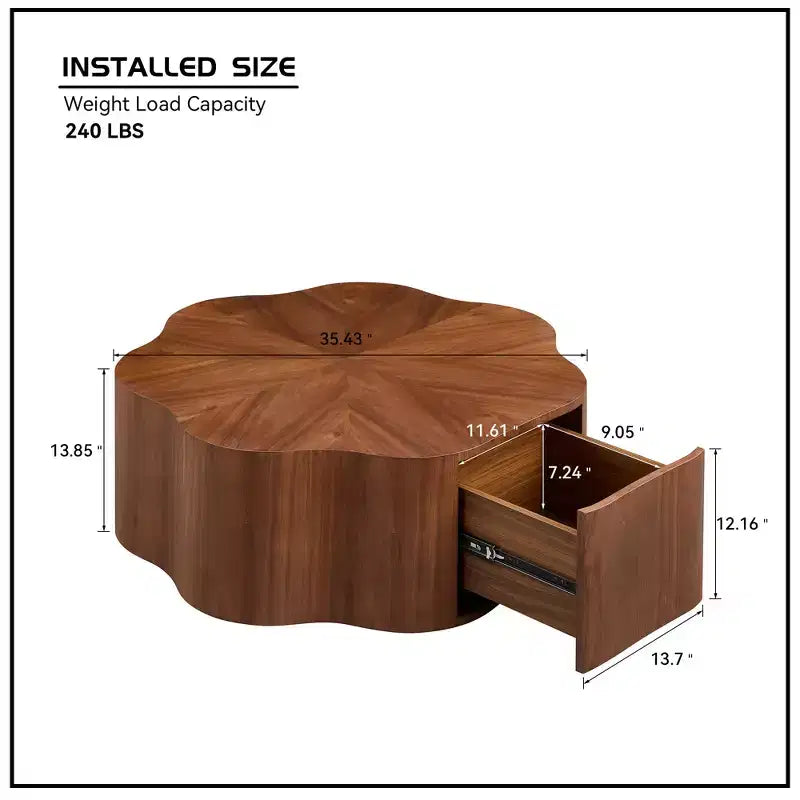 Table basse rustique ronde avec tiroir caché – Forme pétale, 90 cm
