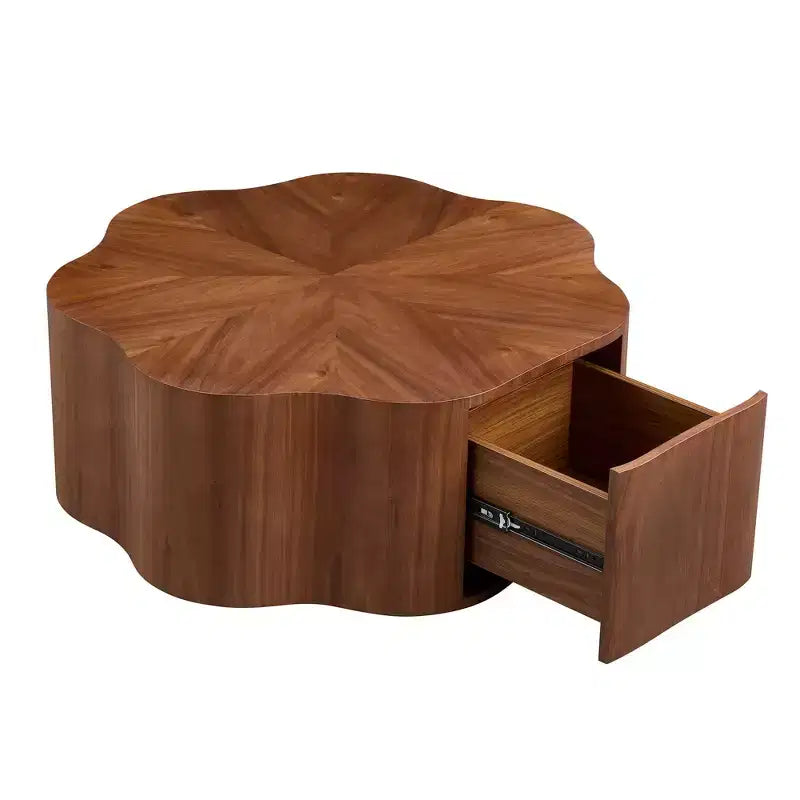 Table basse rustique ronde avec tiroir caché – Forme pétale, 90 cm