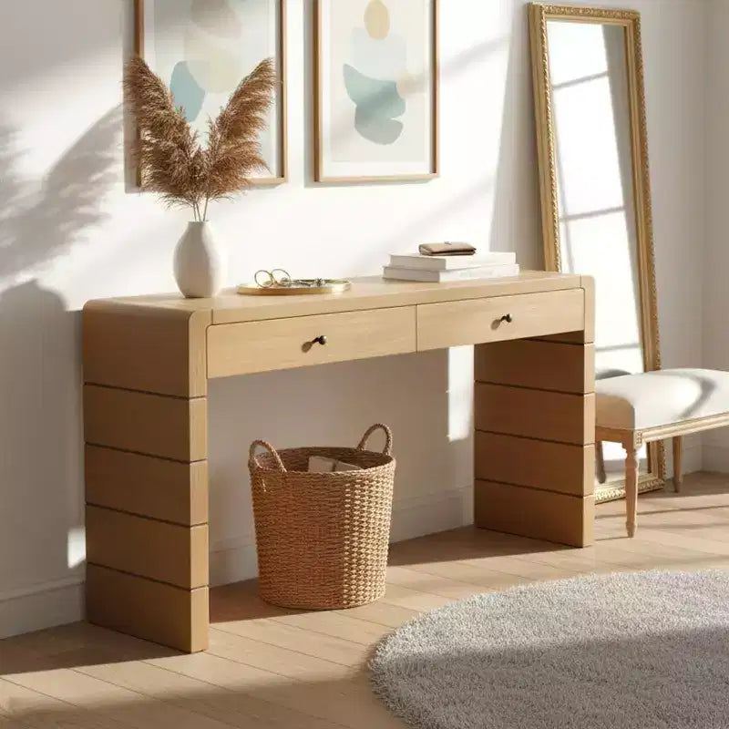 Console avec 2 tiroirs de rangement et un socle plein – Chêne