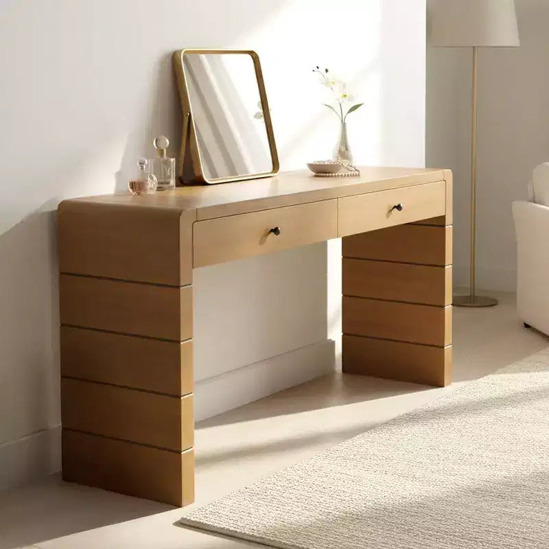Console avec 2 tiroirs de rangement et un socle plein – Chêne