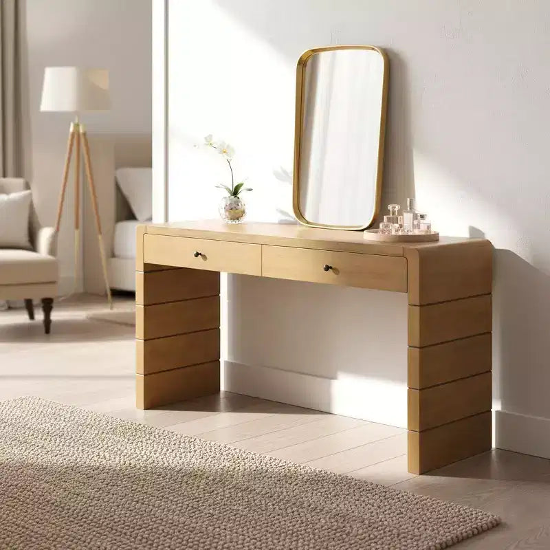 Console avec 2 tiroirs de rangement et un socle plein – Chêne