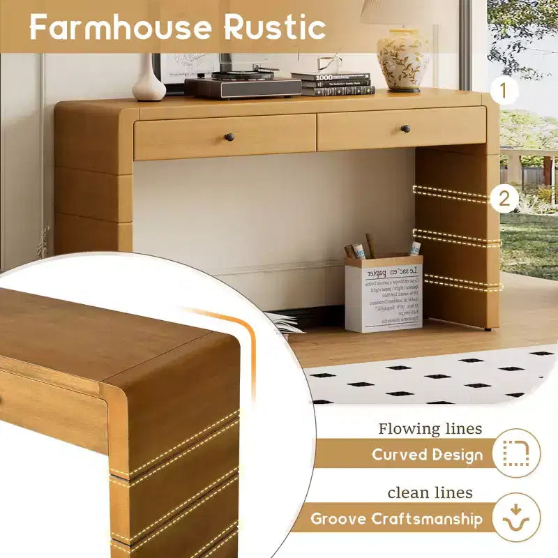 Console avec 2 tiroirs de rangement et un socle plein – Chêne