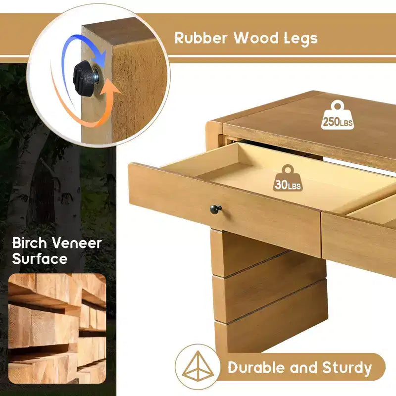Console avec 2 tiroirs de rangement et un socle plein – Chêne