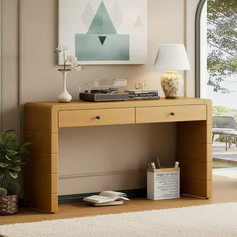 Console avec 2 tiroirs de rangement et un socle plein – Chêne