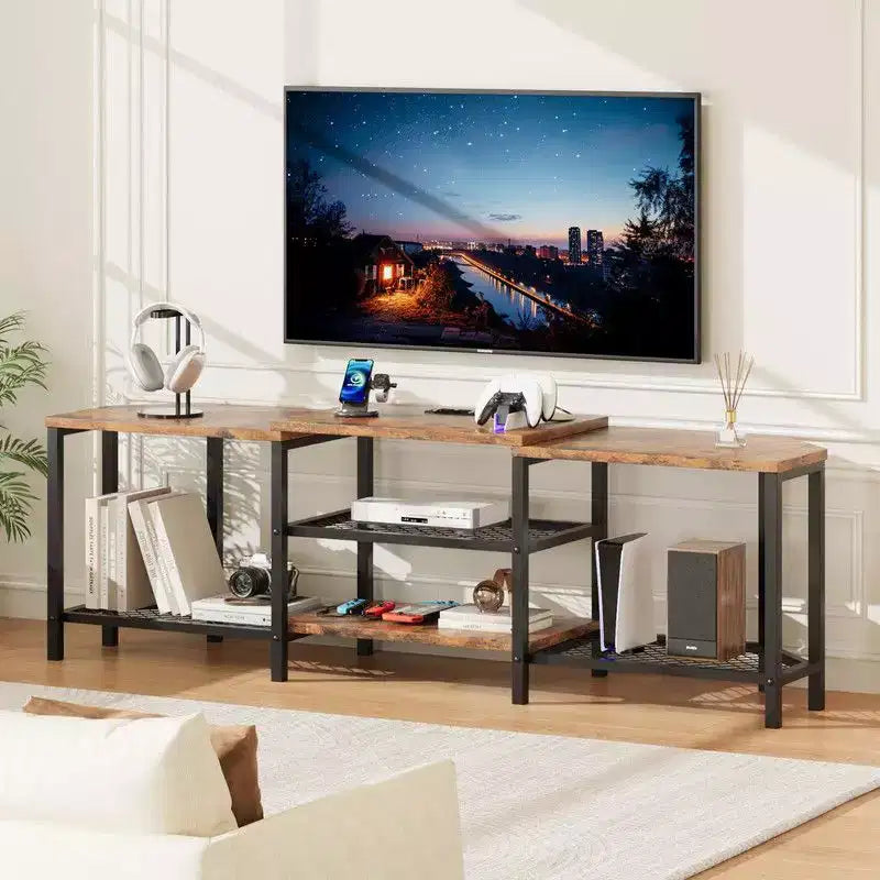 Meuble TV avec 4 étagères ouvertes, meuble d'angle multimédia avec prise de courant