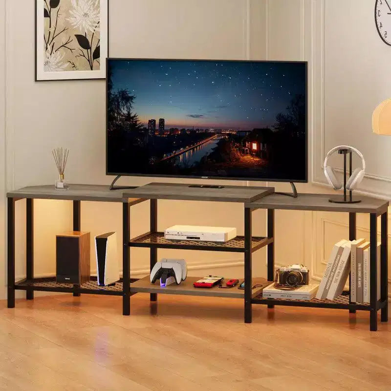 Meuble TV avec 4 étagères ouvertes, meuble d'angle multimédia avec prise de courant
