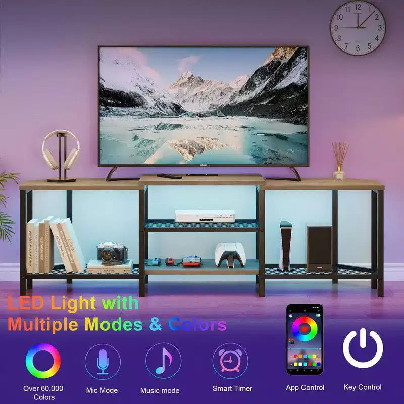 Meuble TV avec 4 étagères ouvertes, meuble d'angle multimédia avec prise de courant
