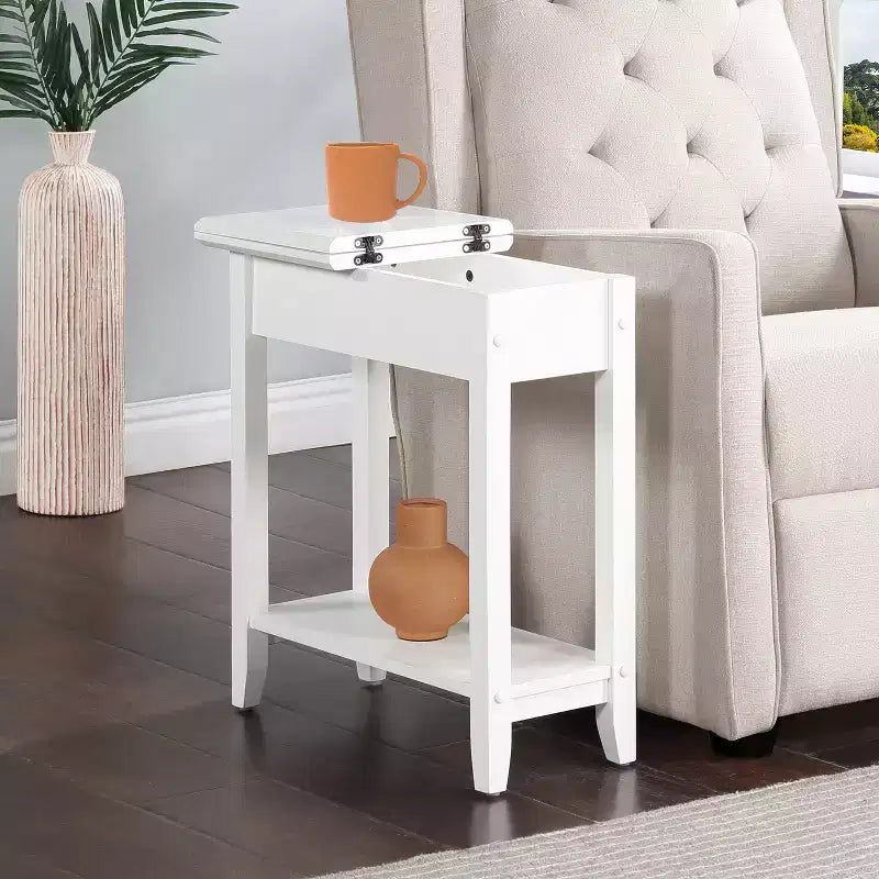 Table d'appoint relevable avec compartiment de rangement dissimulé et étagère inférieure