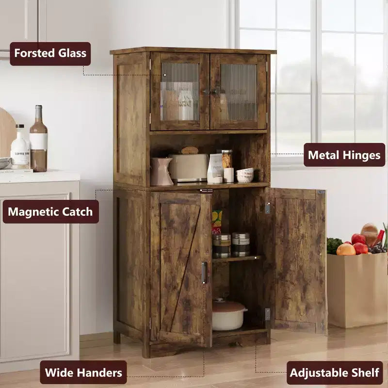 Meuble de cuisine haut de 127 cm avec portes vitrées et étagères réglables pour cuisine, garde-manger, salon, blanc