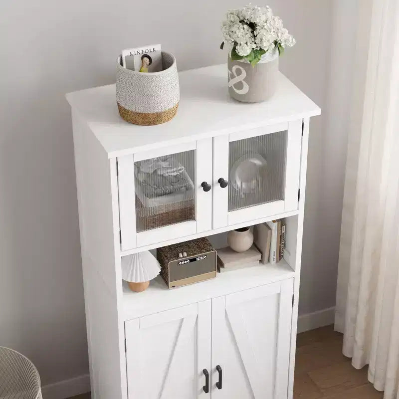 Meuble de cuisine haut de 127 cm avec portes vitrées et étagères réglables pour cuisine, garde-manger, salon, blanc