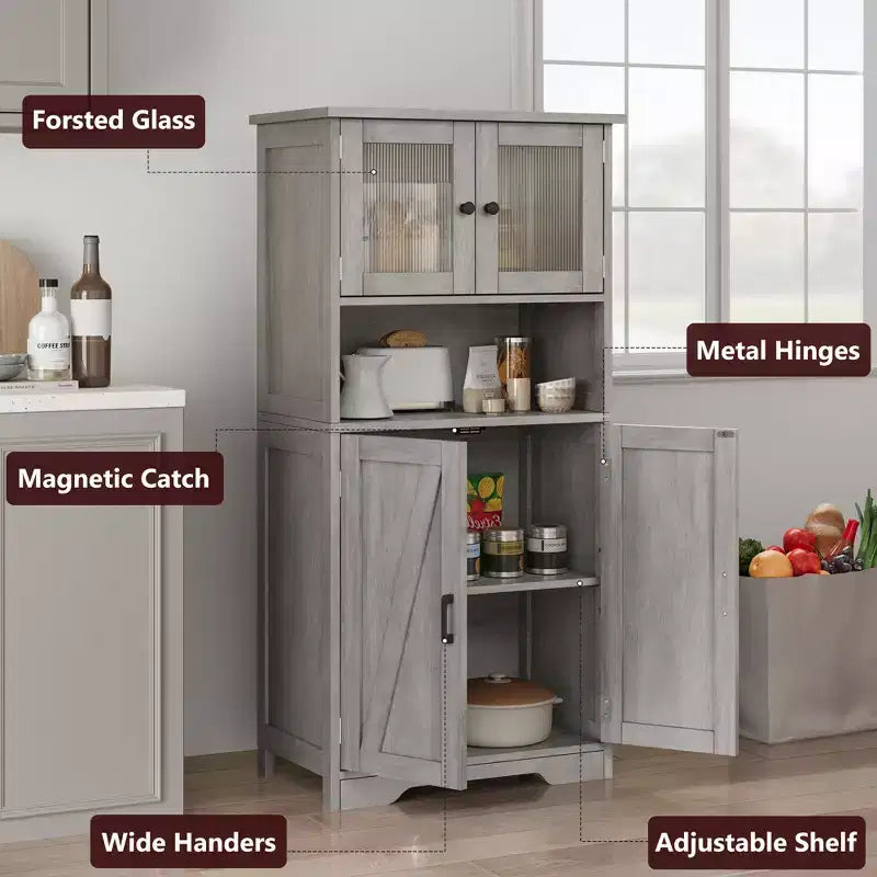 Meuble de cuisine haut de 127 cm avec portes vitrées et étagères réglables pour cuisine, garde-manger, salon, blanc