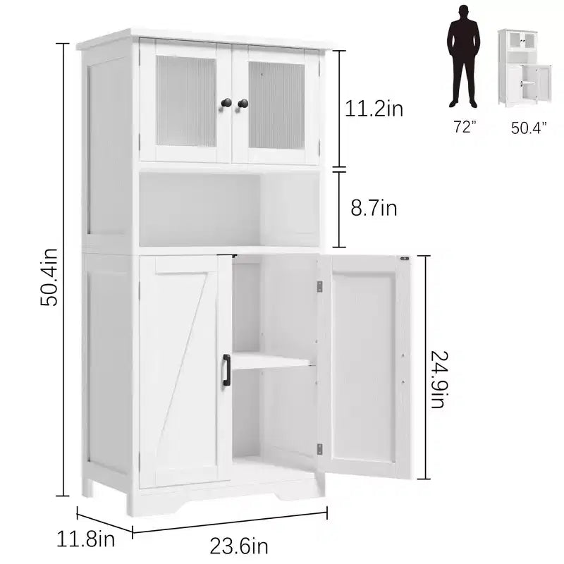 Meuble de cuisine haut de 127 cm avec portes vitrées et étagères réglables pour cuisine, garde-manger, salon, blanc