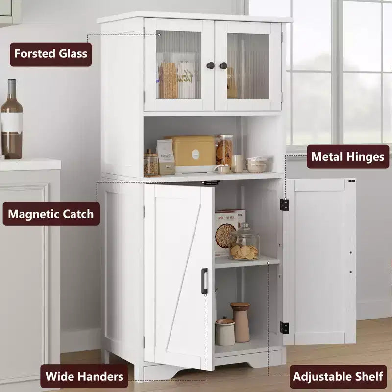 Meuble de cuisine haut de 127 cm avec portes vitrées et étagères réglables pour cuisine, garde-manger, salon, blanc