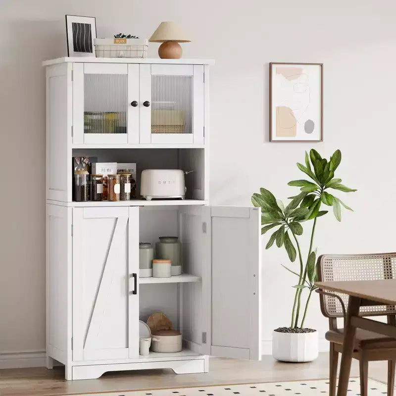 Meuble de cuisine haut de 127 cm avec portes vitrées et étagères réglables pour cuisine, garde-manger, salon, blanc