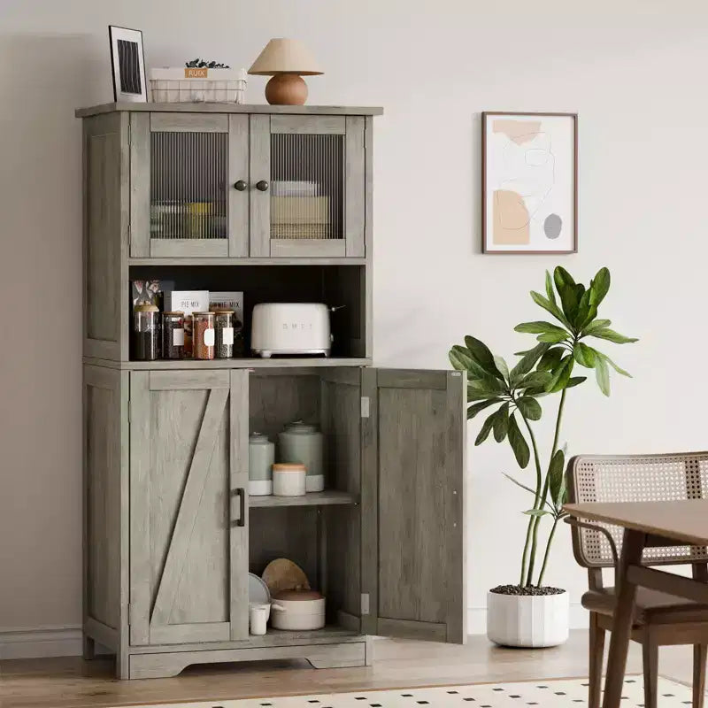 Meuble de cuisine haut de 127 cm avec portes vitrées et étagères réglables pour cuisine, garde-manger, salon, blanc