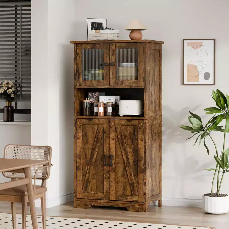 Meuble de cuisine haut de 127 cm avec portes vitrées et étagères réglables pour cuisine, garde-manger, salon, blanc