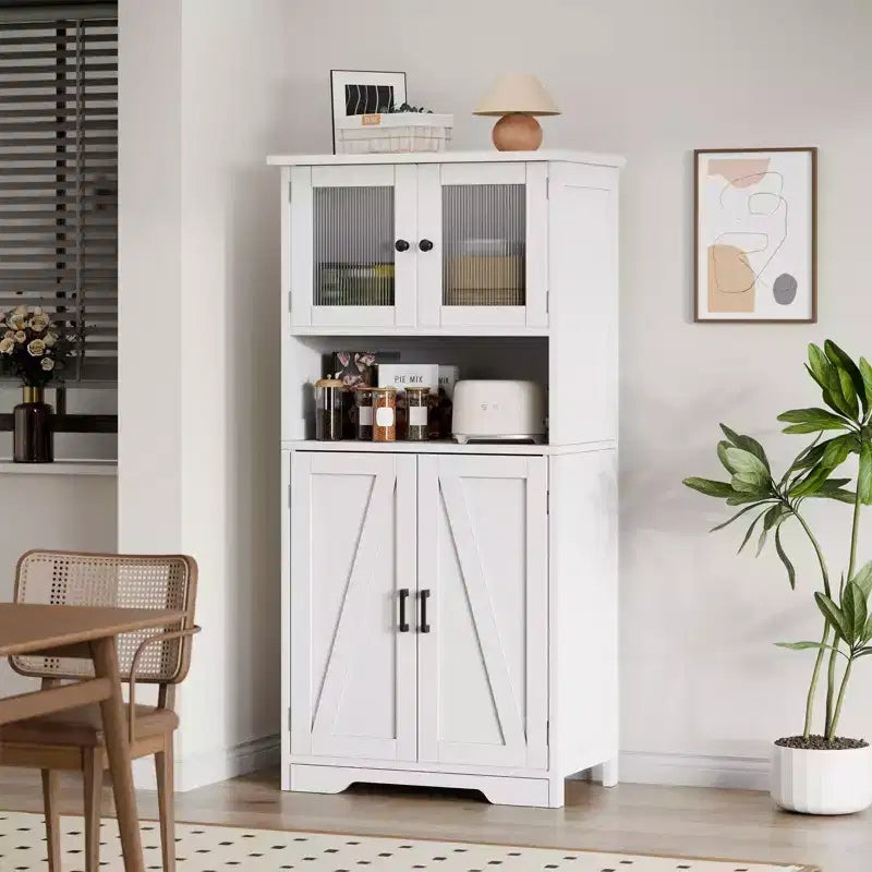Meuble de cuisine haut de 127 cm avec portes vitrées et étagères réglables pour cuisine, garde-manger, salon, blanc