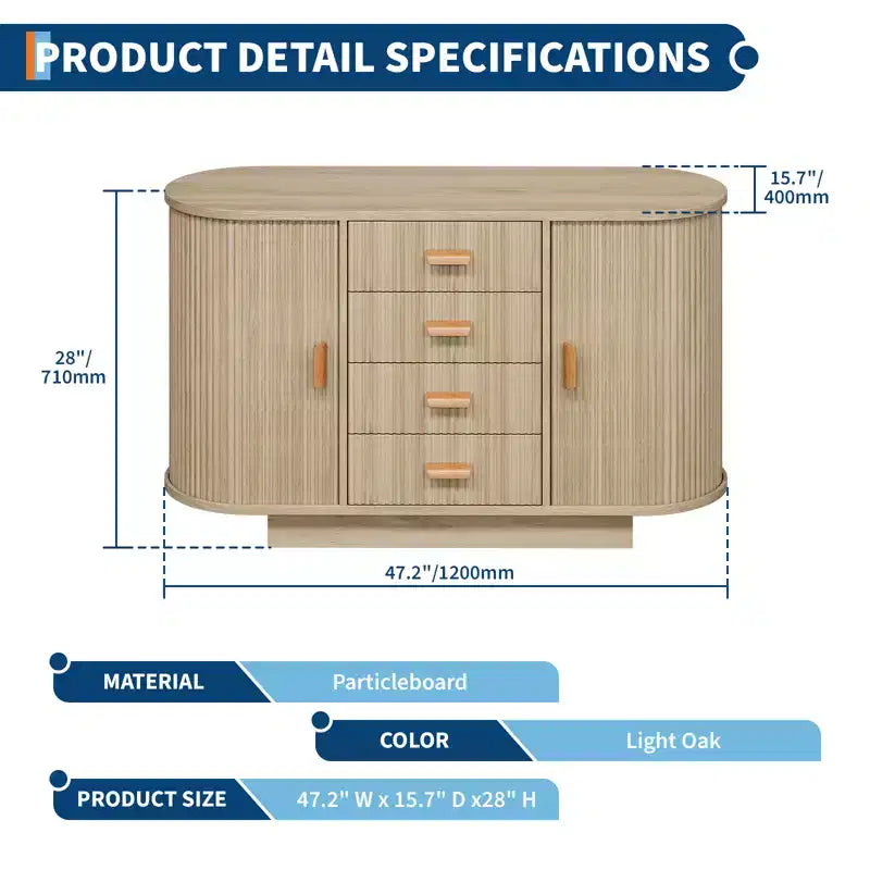Buffet cannelé de 120 cm avec 4 tiroirs et 2 portes coulissantes cintrées