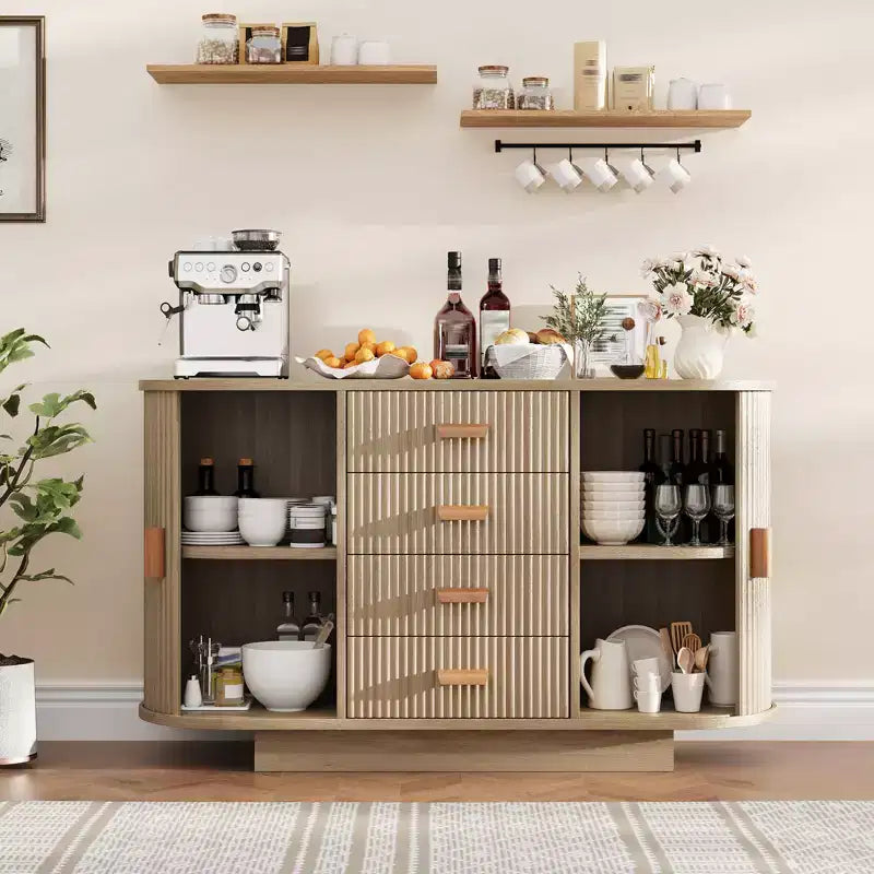 Buffet cannelé de 120 cm avec 4 tiroirs et 2 portes coulissantes cintrées