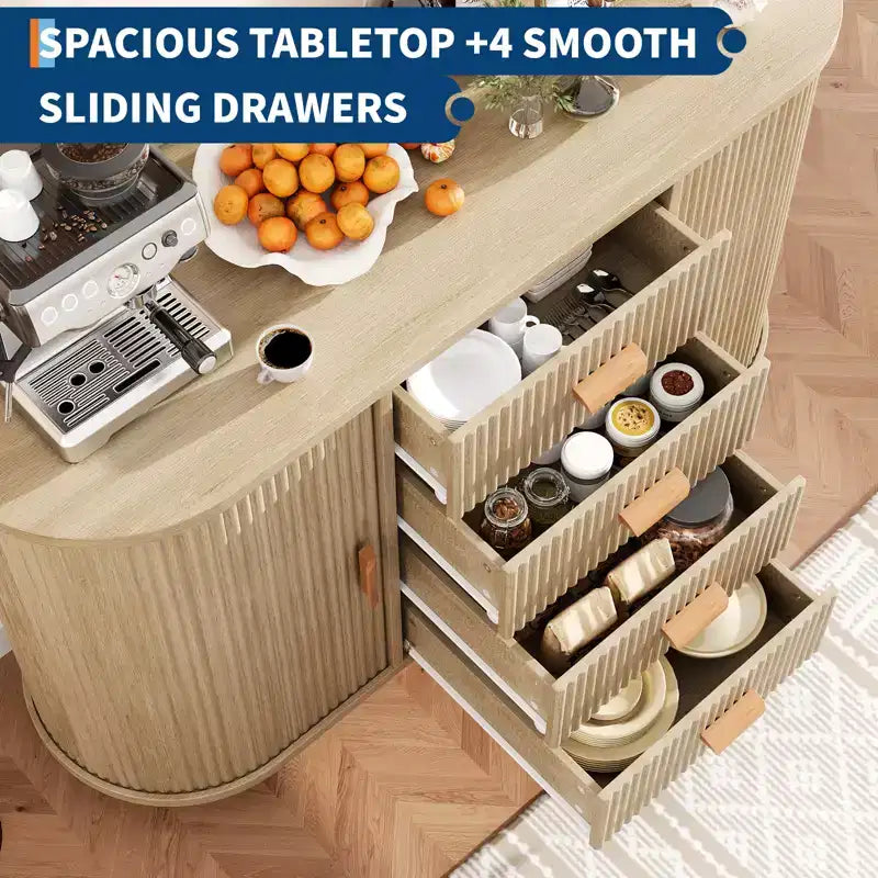 Buffet cannelé de 120 cm avec 4 tiroirs et 2 portes coulissantes cintrées