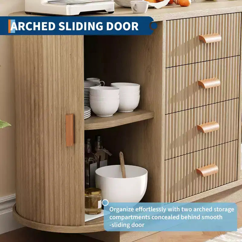 Buffet cannelé de 120 cm avec 4 tiroirs et 2 portes coulissantes cintrées