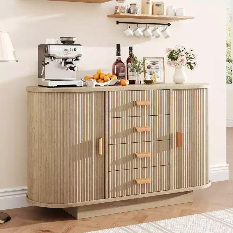 Buffet cannelé de 120 cm avec 4 tiroirs et 2 portes coulissantes cintrées