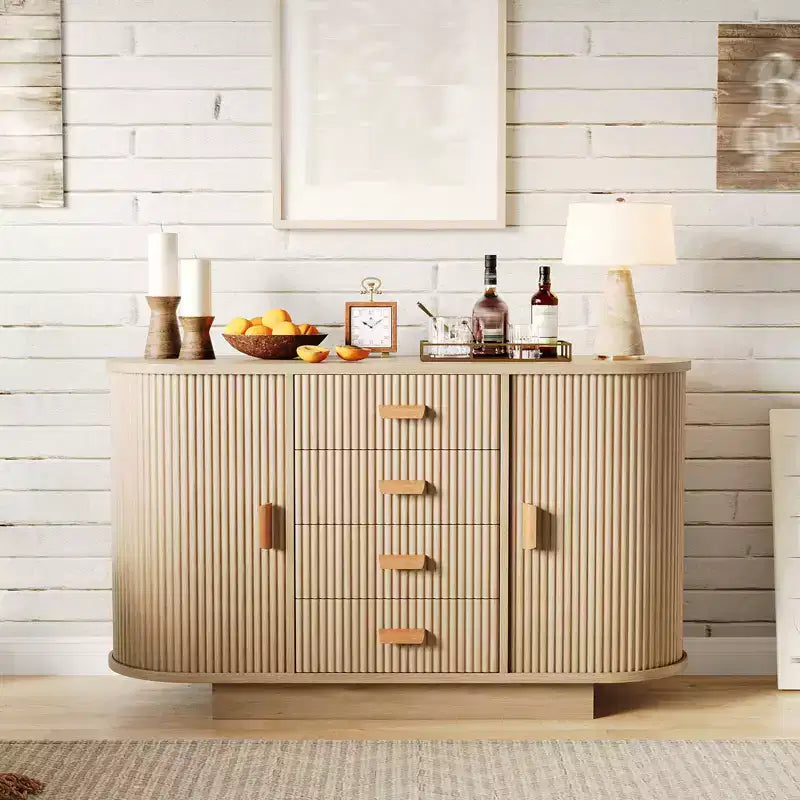 Buffet cannelé de 120 cm avec 4 tiroirs et 2 portes coulissantes cintrées