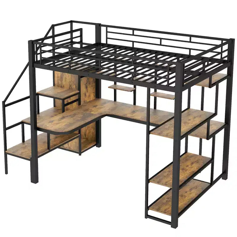 Lit mezzanine en métal pleine grandeur avec bureau et petite armoire, lit mezzanine haut avec escalier de rangement et étagères pour enfants, adolescents et adultes