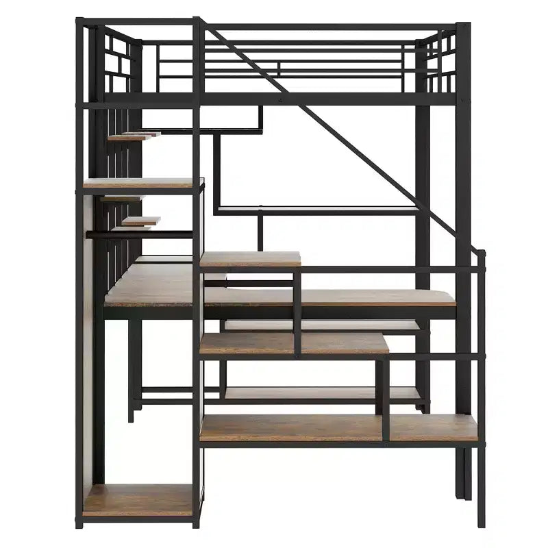 Lit mezzanine en métal pleine grandeur avec bureau et petite armoire, lit mezzanine haut avec escalier de rangement et étagères pour enfants, adolescents et adultes