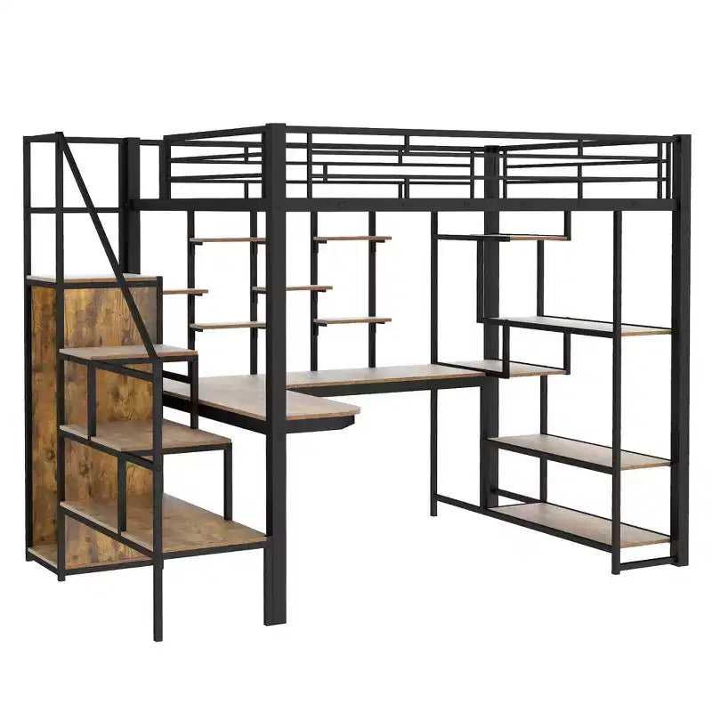 Lit mezzanine en métal pleine grandeur avec bureau et petite armoire, lit mezzanine haut avec escalier de rangement et étagères pour enfants, adolescents et adultes
