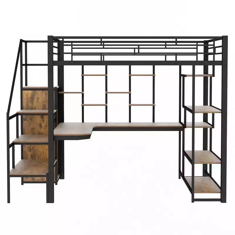 Lit mezzanine en métal pleine grandeur avec bureau et petite armoire, lit mezzanine haut avec escalier de rangement et étagères pour enfants, adolescents et adultes