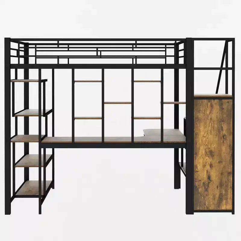 Lit mezzanine en métal pleine grandeur avec bureau et petite armoire, lit mezzanine haut avec escalier de rangement et étagères pour enfants, adolescents et adultes