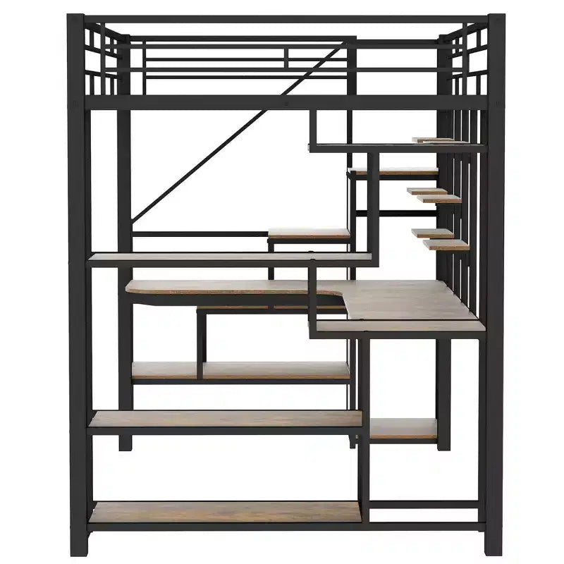 Lit mezzanine en métal pleine grandeur avec bureau et petite armoire, lit mezzanine haut avec escalier de rangement et étagères pour enfants, adolescents et adultes