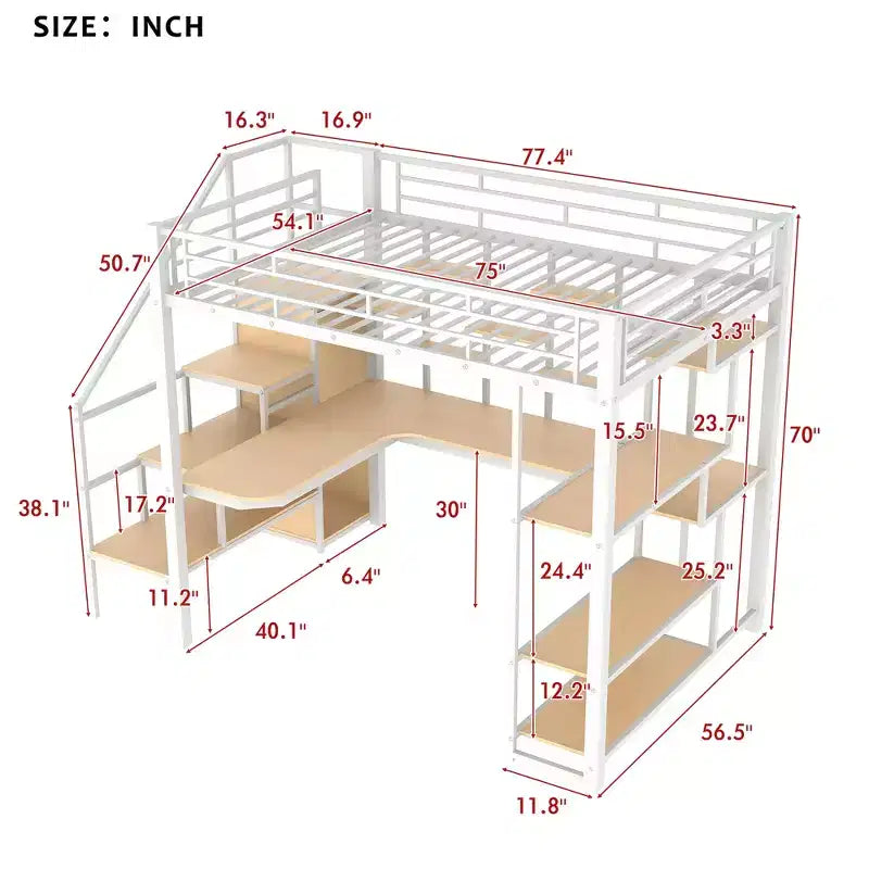 Lit mezzanine en métal pleine grandeur avec bureau et petite armoire, lit mezzanine haut avec escalier de rangement et étagères pour enfants, adolescents et adultes