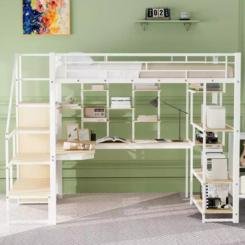 Lit mezzanine en métal pleine grandeur avec bureau et petite armoire, lit mezzanine haut avec escalier de rangement et étagères pour enfants, adolescents et adultes