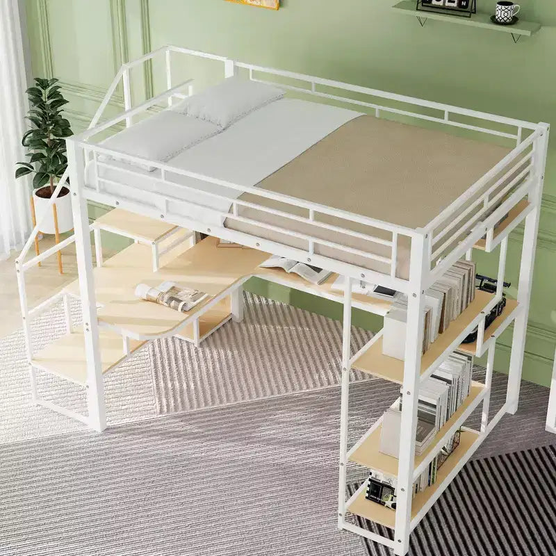 Lit mezzanine en métal pleine grandeur avec bureau et petite armoire, lit mezzanine haut avec escalier de rangement et étagères pour enfants, adolescents et adultes