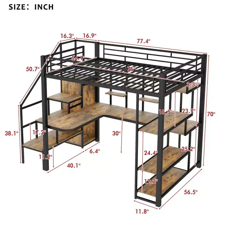 Lit mezzanine en métal pleine grandeur avec bureau et petite armoire, lit mezzanine haut avec escalier de rangement et étagères pour enfants, adolescents et adultes